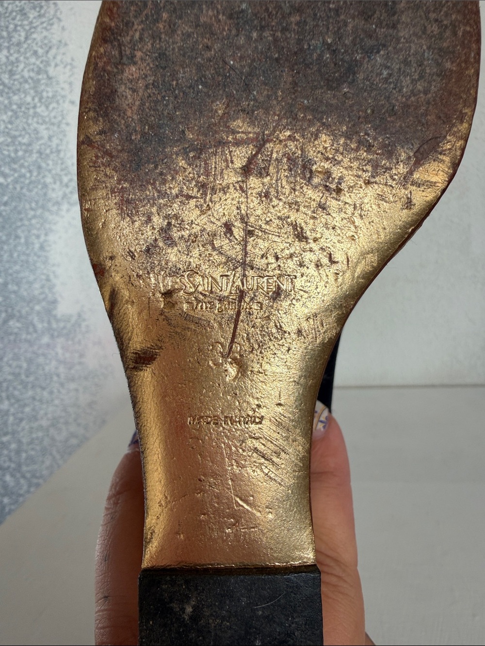 Yves Saint Laurent Black & Gold Textured Wedge Slingbacks - Picture 5 of 5